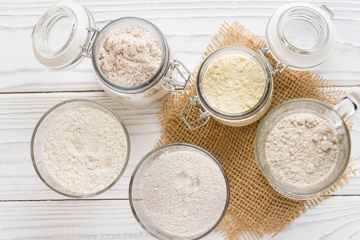 Organic strong white bread flour, stoneground wholemeal and malthouse flour tubs